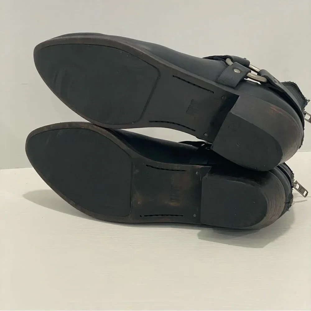 Frye Ray Harness Back Zip Black Size 7.5 Stacked Block Heel Metal Ring Detail